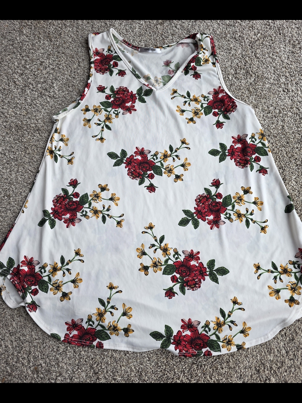 V-Neck Floral Tank Top - White with Red & Yellow Blooms